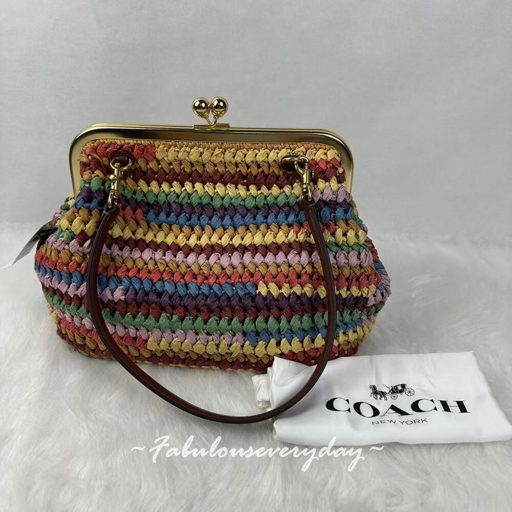 Coach Kisslock Frame Bag 27 Shoulder Bag In Straw/Brass/Multi CDZ29 NWT